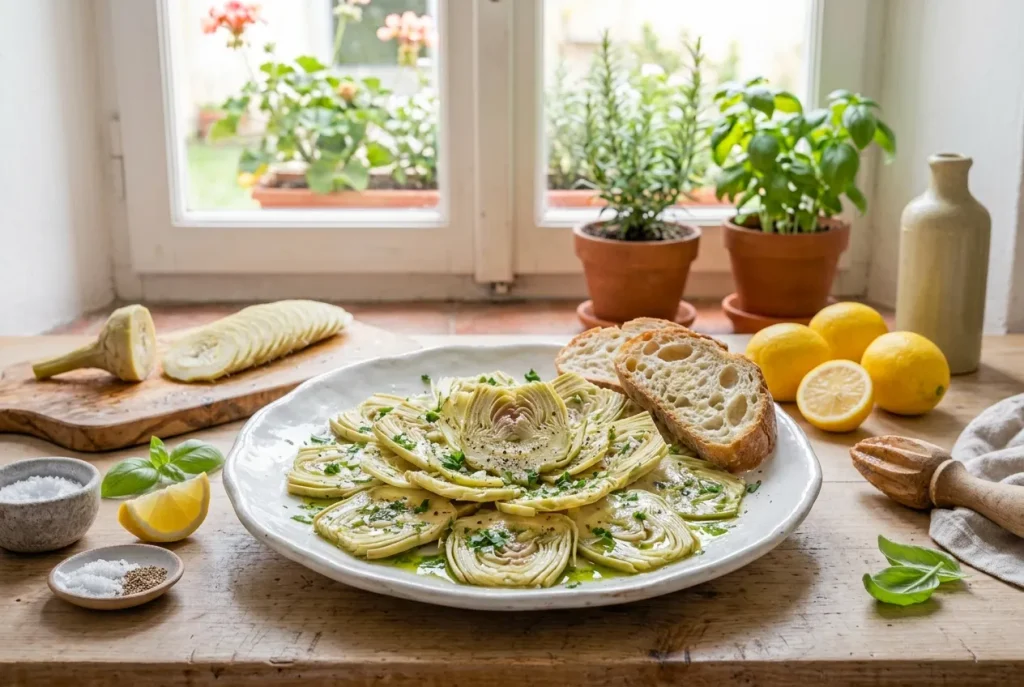 Artichoke carpaccio dressed with parsley oil and black pepper