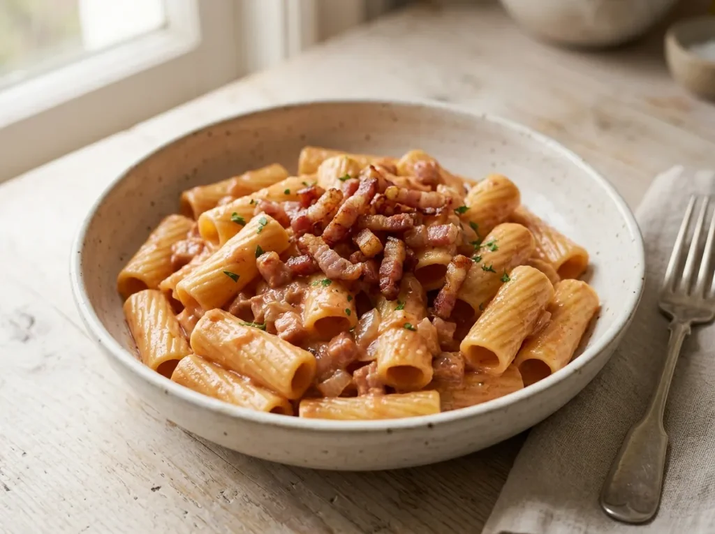 Creamy Pasta del Maresciallo with rigatoni, tomato sauce, smoked bacon, and crispy bacon topping