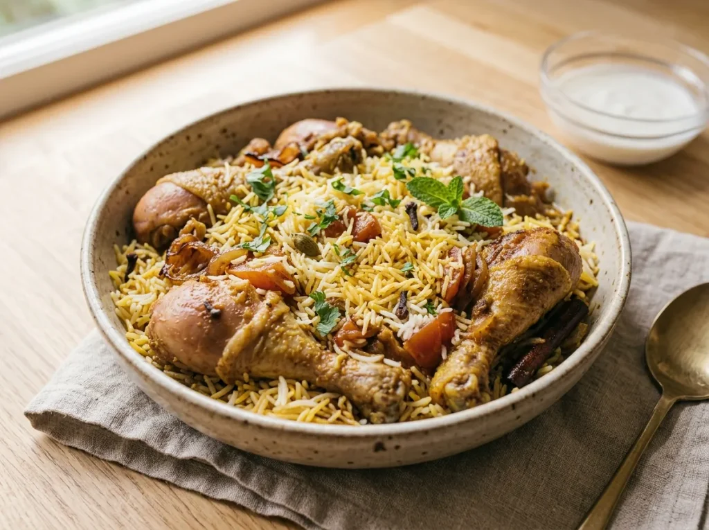 Finished Quick Chicken Biryani with fluffy basmati rice and tender chicken