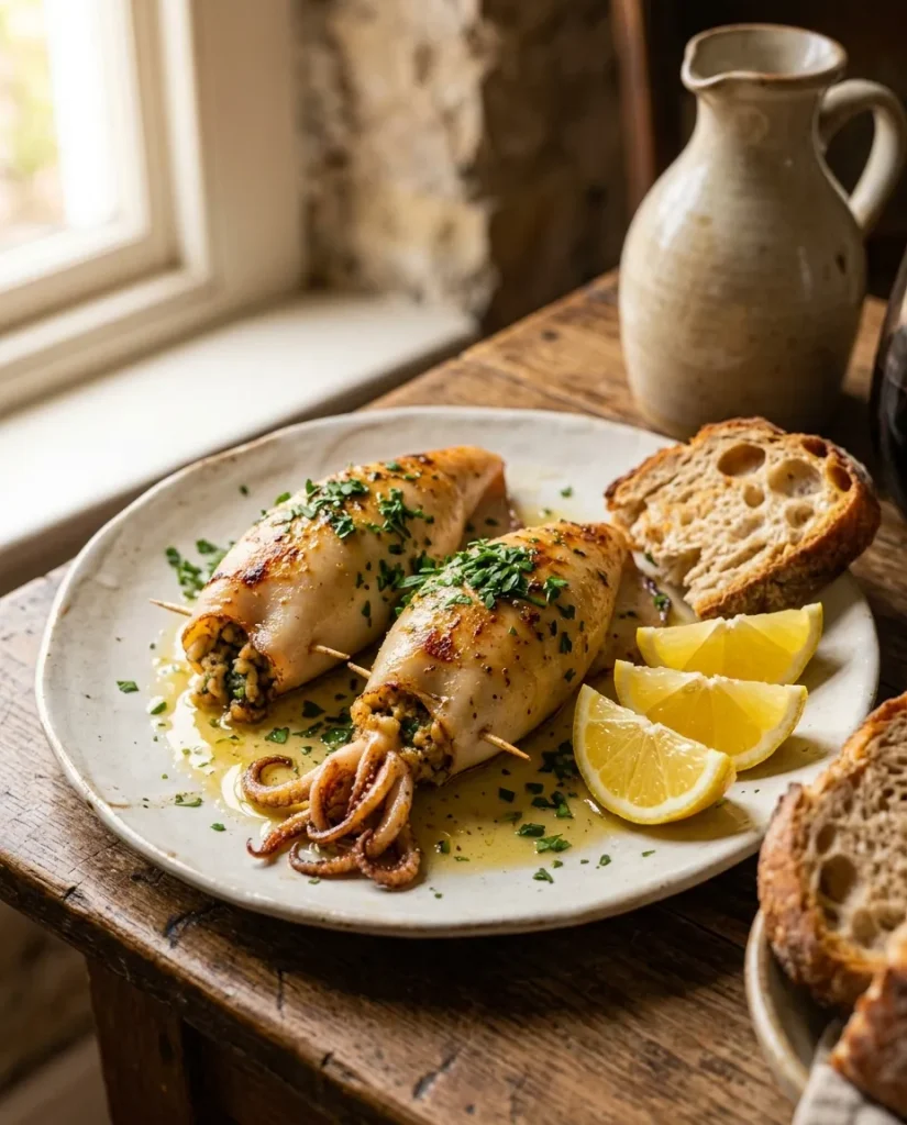 Finished stuffed calamari garnished with parsley and lemon sauce