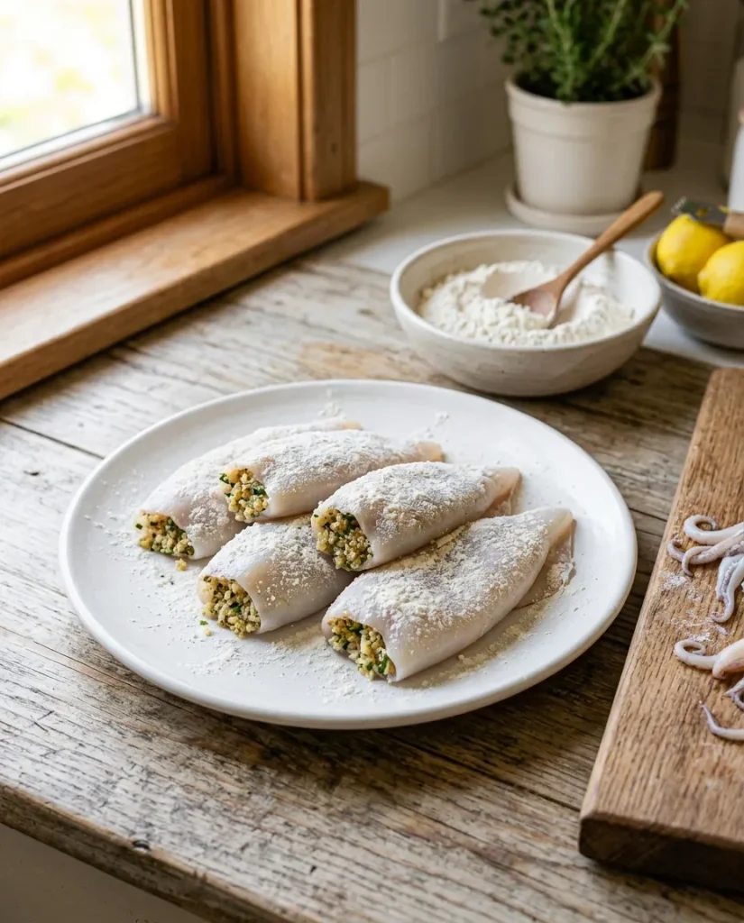 Stuffed calamari lightly coated in flour before cooking