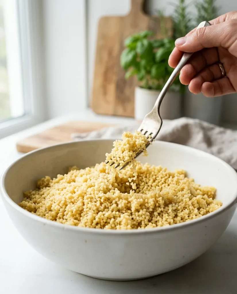 Fluffy golden couscous being separated with a fork.