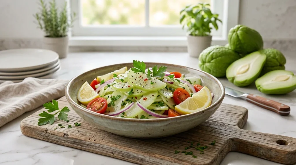 Fresh chayote salad with tomatoes, onion, parsley, and lemon