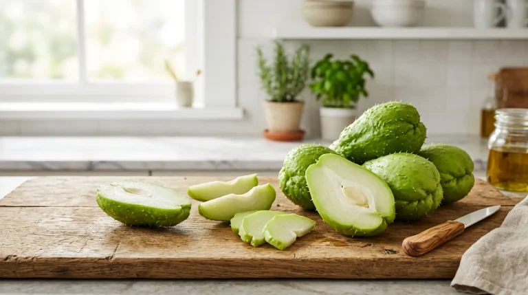 Chayote (thorny courgette) with whole and sliced fruit