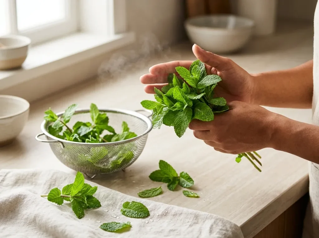 Clapping and bruising fresh green mint sprigs to release aromatic oils for orange grape mint tea.