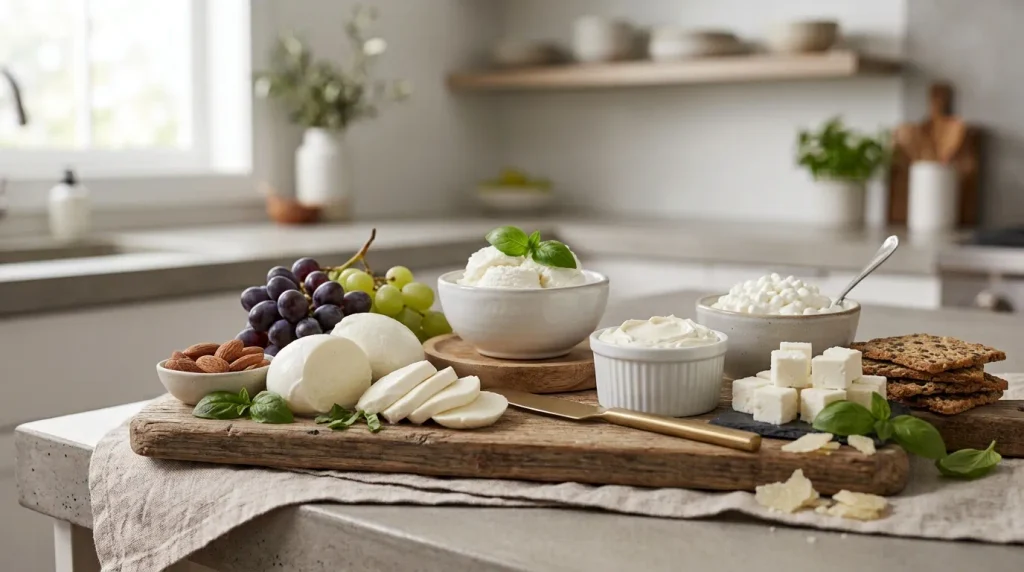 Mozzarella, ricotta, cream cheese, cottage cheese, and feta arranged on a wooden board.