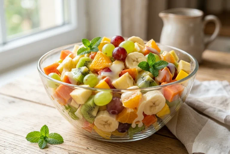 Fruit salad with condensed milk and fresh mixed fruits