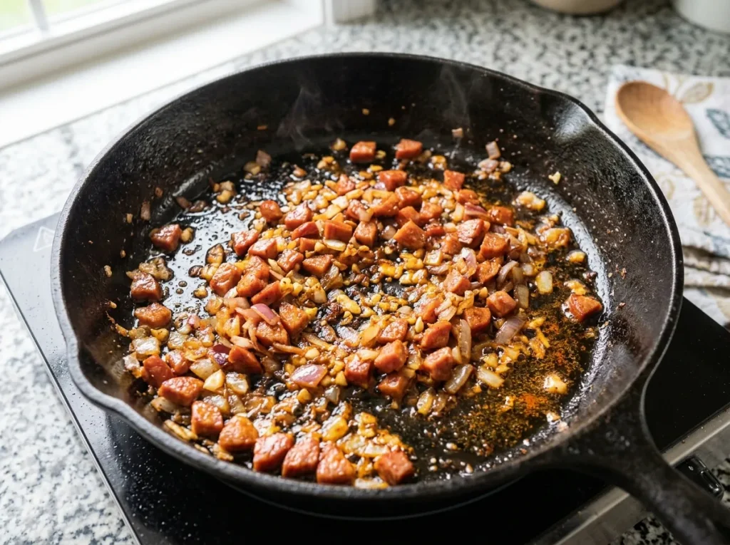 Pepperoni frying with chopped onion, garlic, and paprika