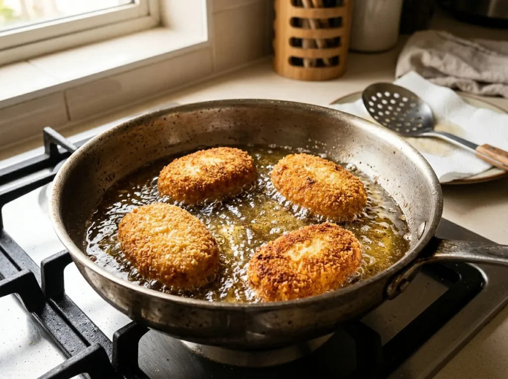 Breadcrumb-coated cassava cheese cutlets frying in hot oil