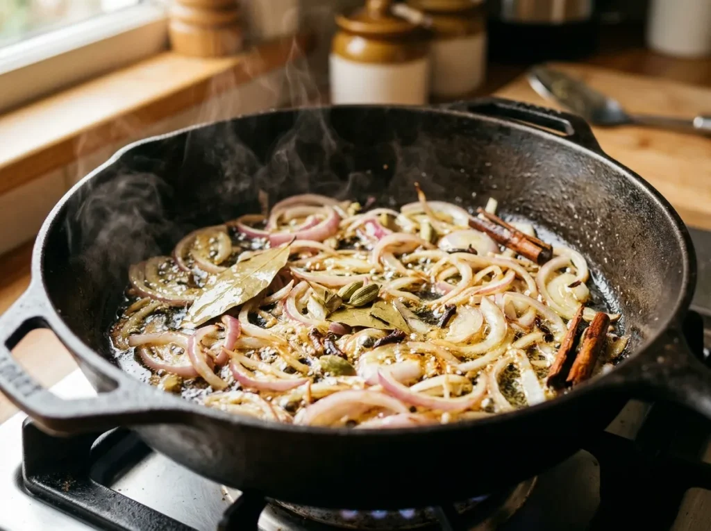 Sliced onions frying with whole spices for Quick Chicken Biryani