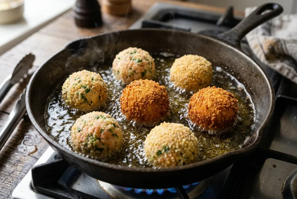 almon and potato croquettes frying until golden brown and crispy.
