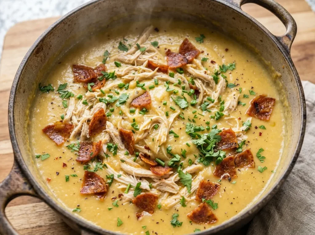 Cassava chicken soup garnished with fresh chives and cilantro and served with toasted garlic bread 