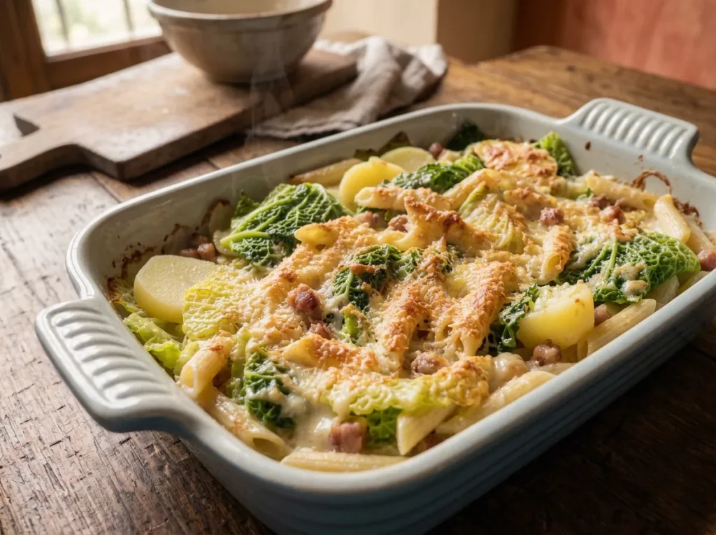 Golden baked pasta with Savoy cabbage, potatoes, and pancetta