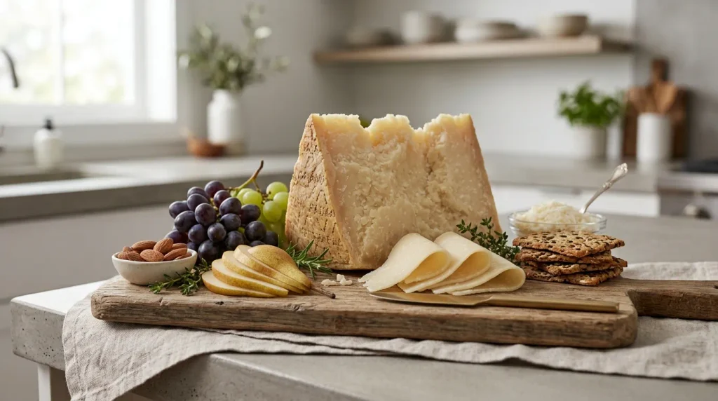 Grana Padano Italian hard cheese wedge with slices and freshly grated cheese on a wooden board.