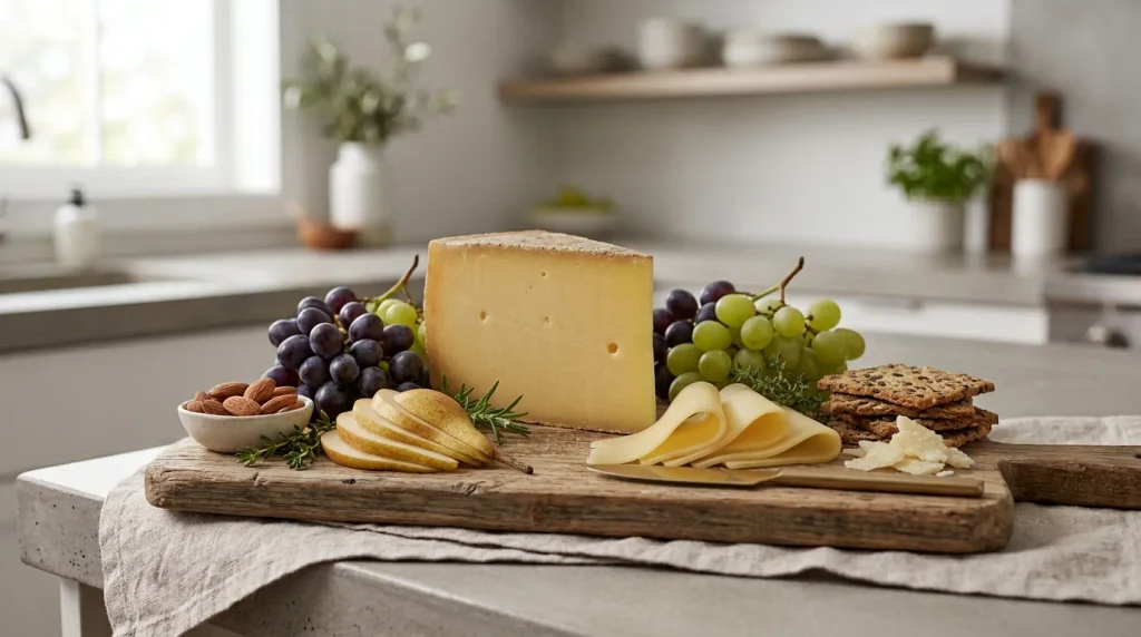 Wedge of Swiss Gruyère cheese with thin slices displayed on a wooden cutting board.