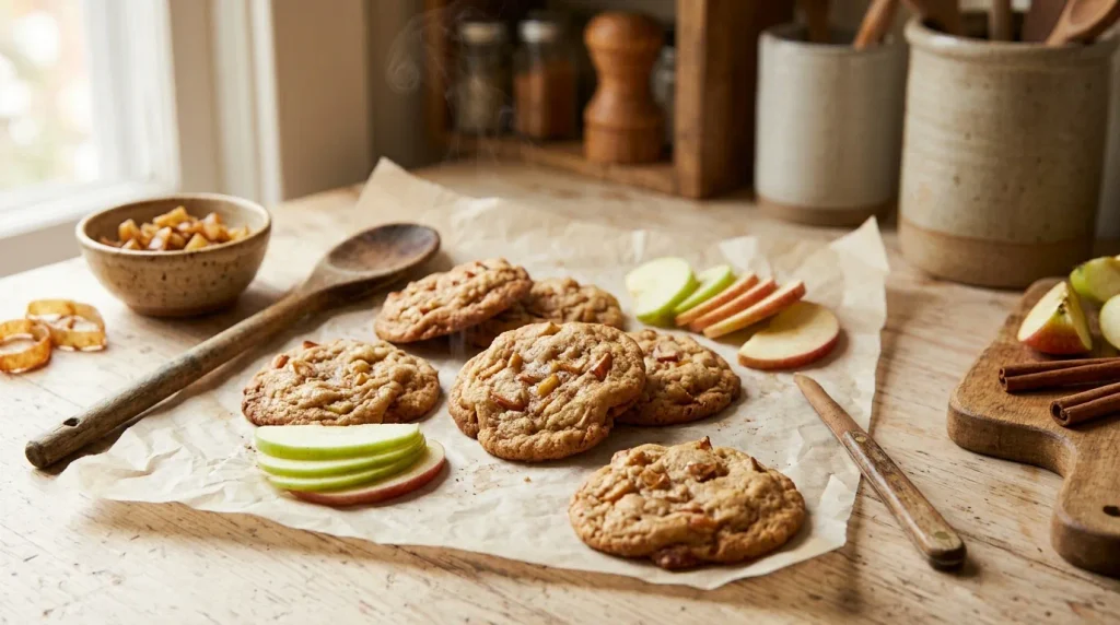 Golden homemade cookies prepared with caramelized apple peels.