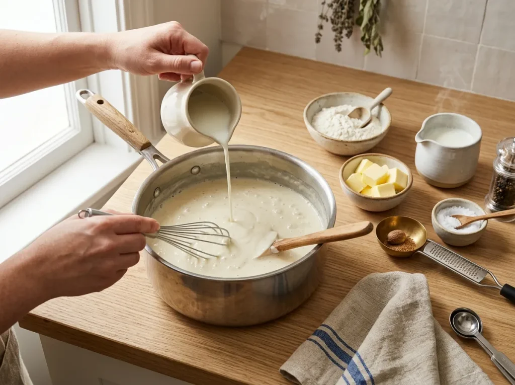 Homemade béchamel sauce being whisked until smooth and creamy