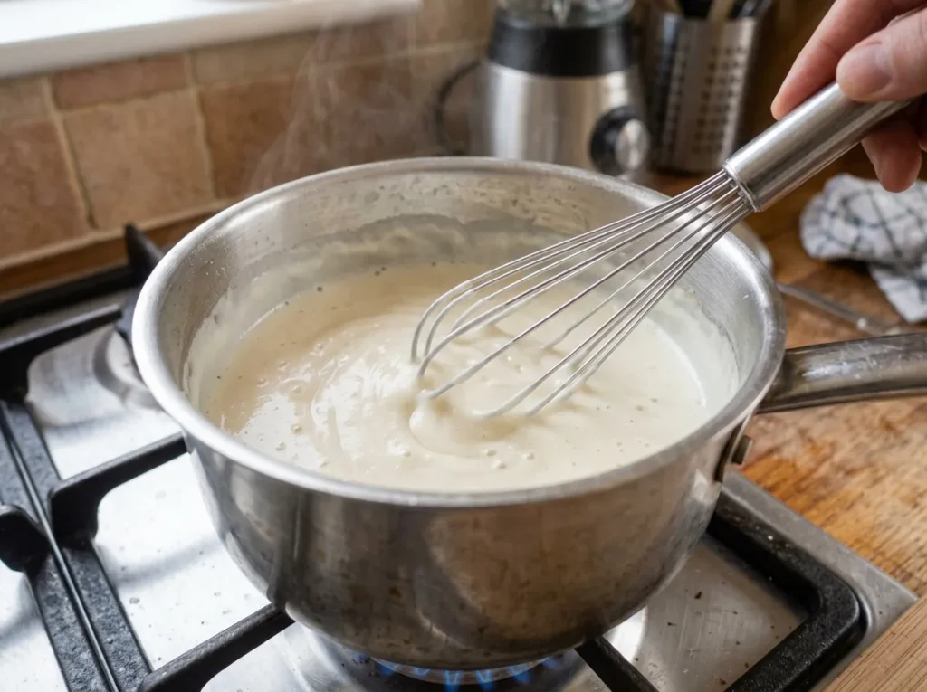 Adding milk to prepare the creamy sauce for Creamy White Sauce Noodles