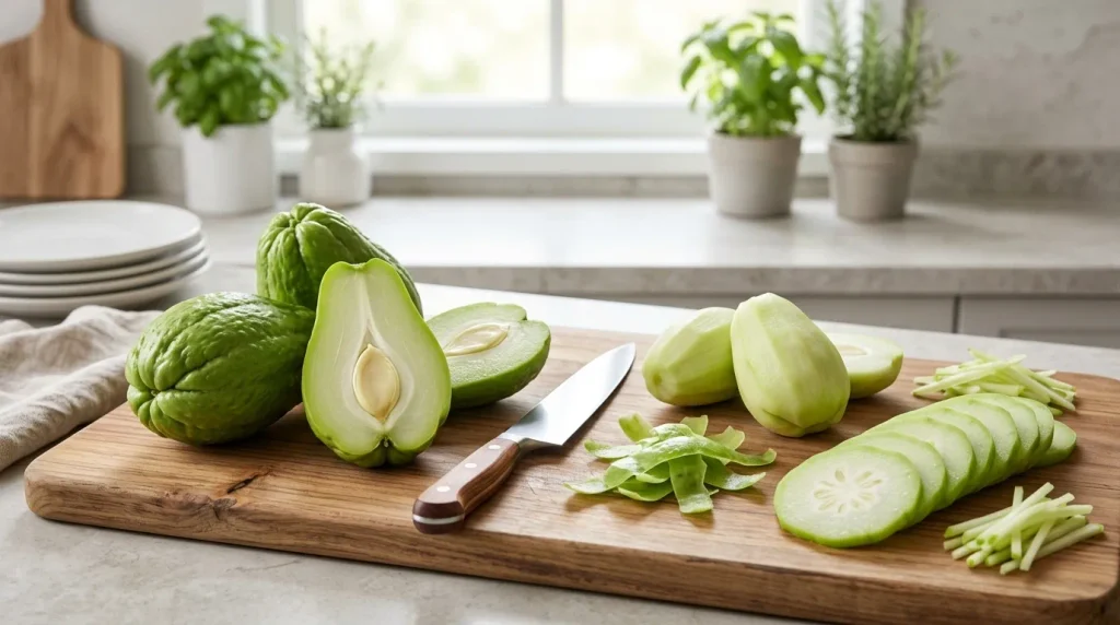 Chayote being prepared and sliced for cooking