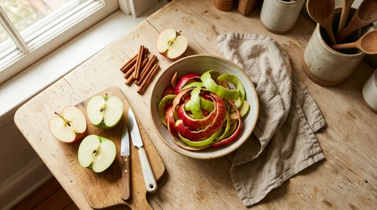 Fresh apple peels in a bowl beside red and green apples and cinnamon sticks.