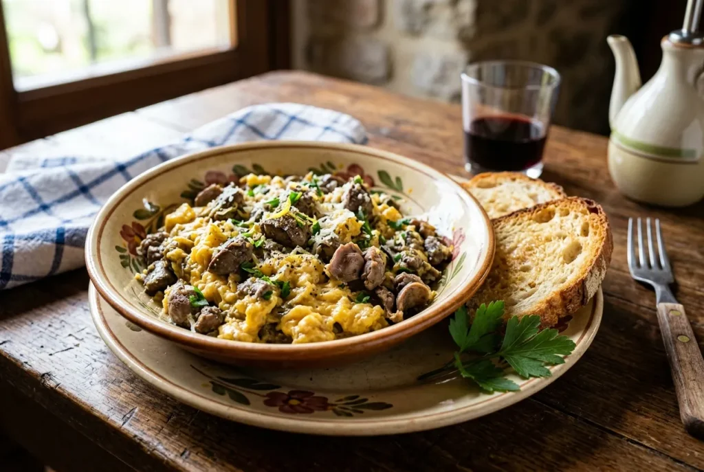 Italian chicken livers and eggs with Parmesan cheese