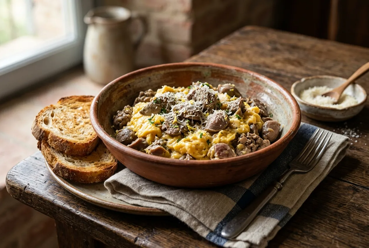 Italian chicken livers and gizzards cooked with eggs and Parmesan cheese.