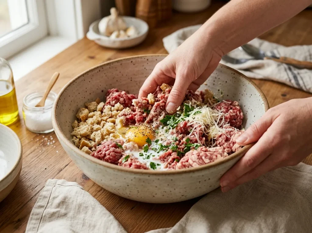 Ground meat mixed with breadcrumbs, egg, parsley, and Parmesan