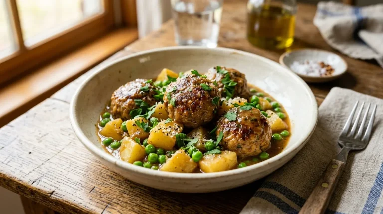 Italian meatballs in gravy with potatoes and green peas