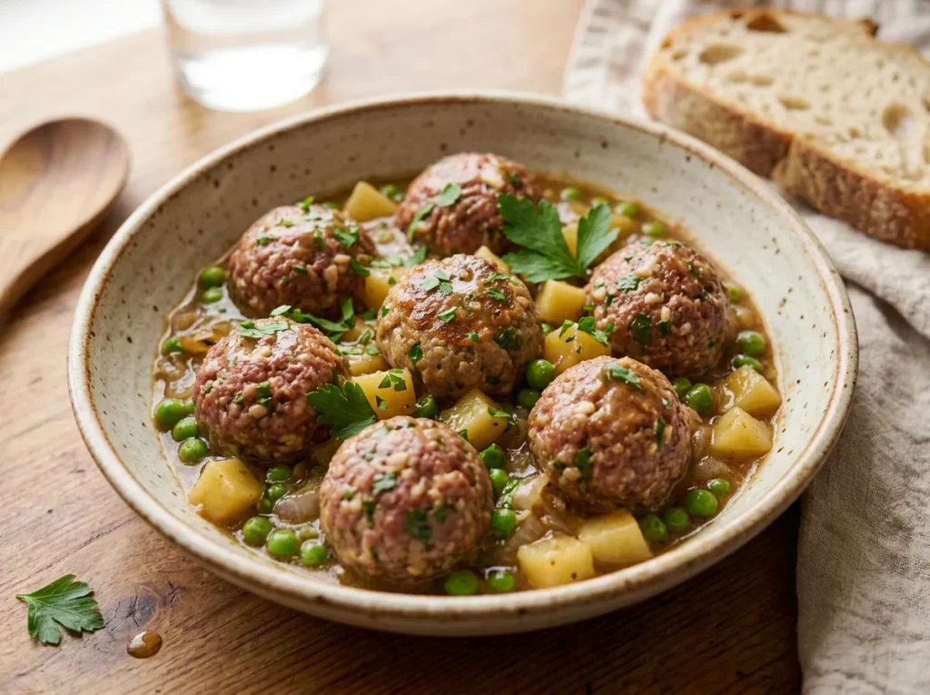 Homemade Italian meatballs served with potatoes, peas, and gravy