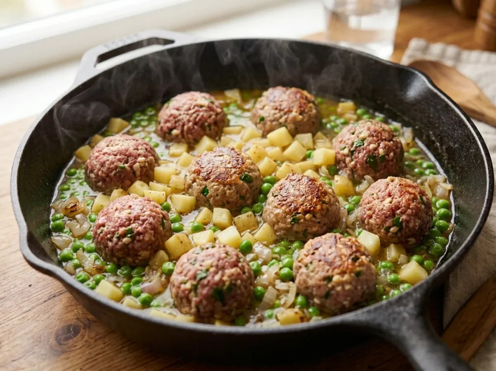 Italian meatballs simmering with potatoes and peas in gravy