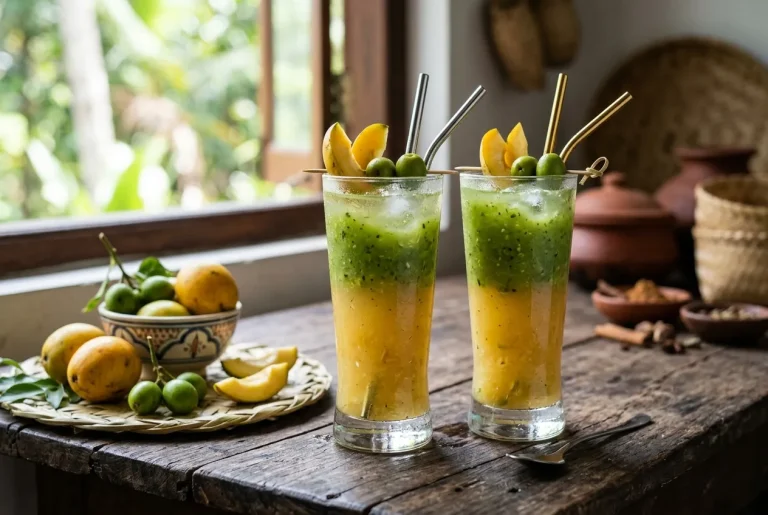 June plum and Ceylon olive drink with golden ambarella juice and green veralu pulp.