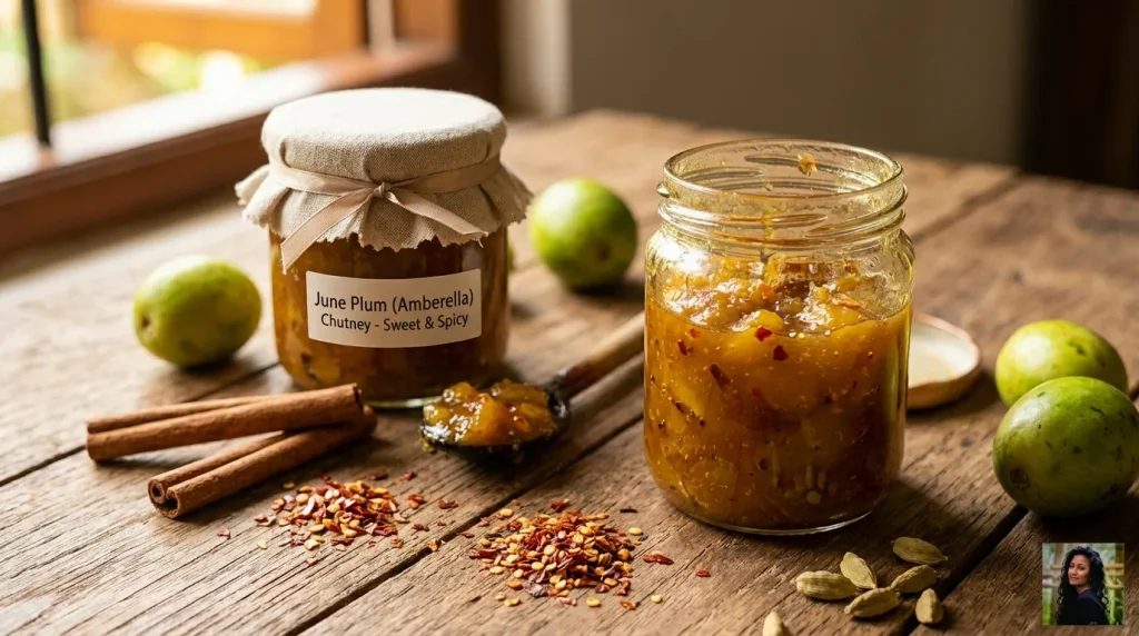 Sweet, tangy, and spicy Sri Lankan June plum chutney served in a bowl