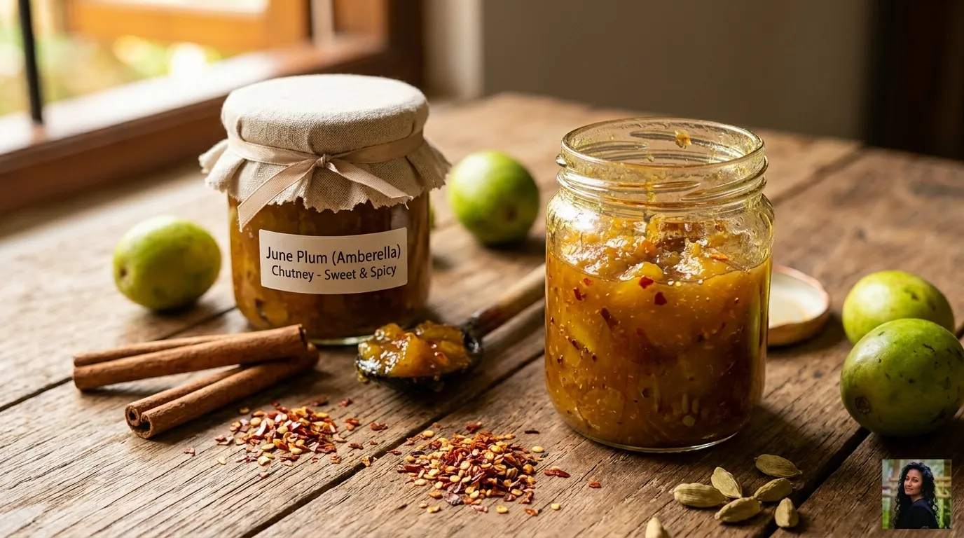 Sweet, tangy, and spicy Sri Lankan June plum chutney served in a bowl