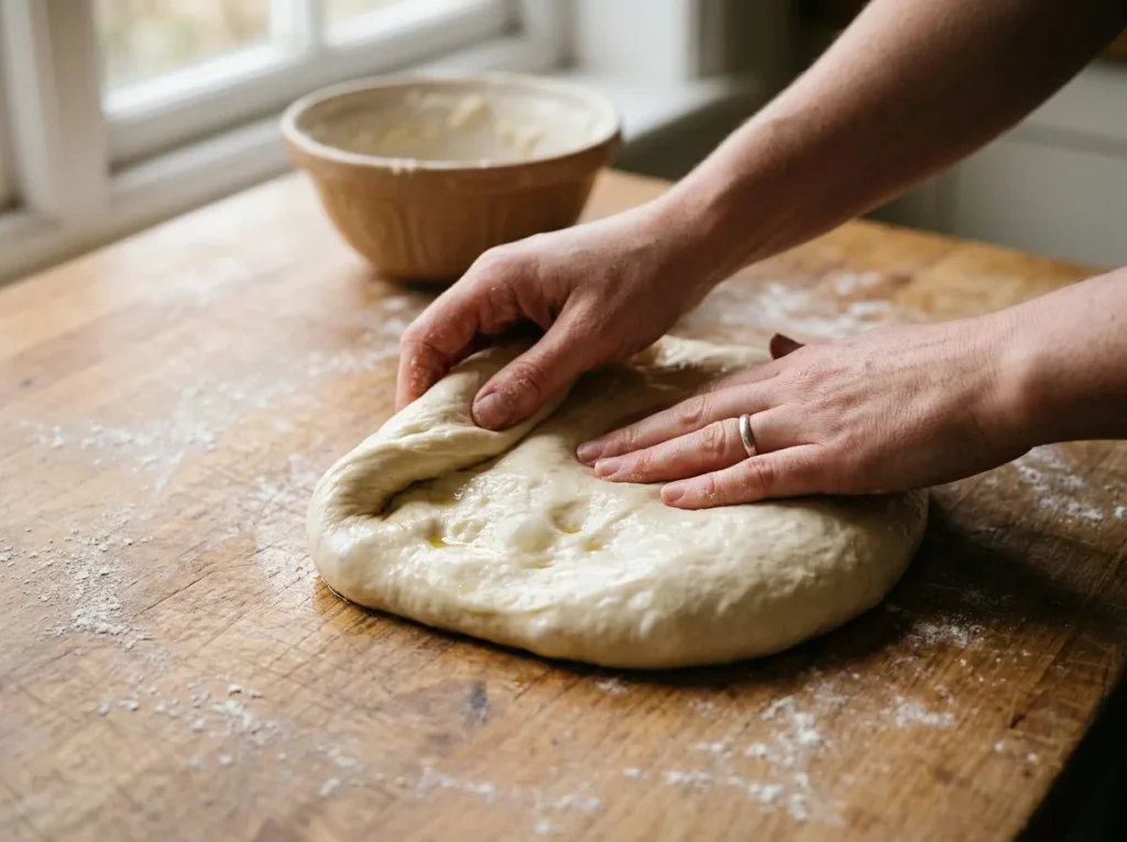 Kneading soft and elastic dough for homemade stuffed focaccia