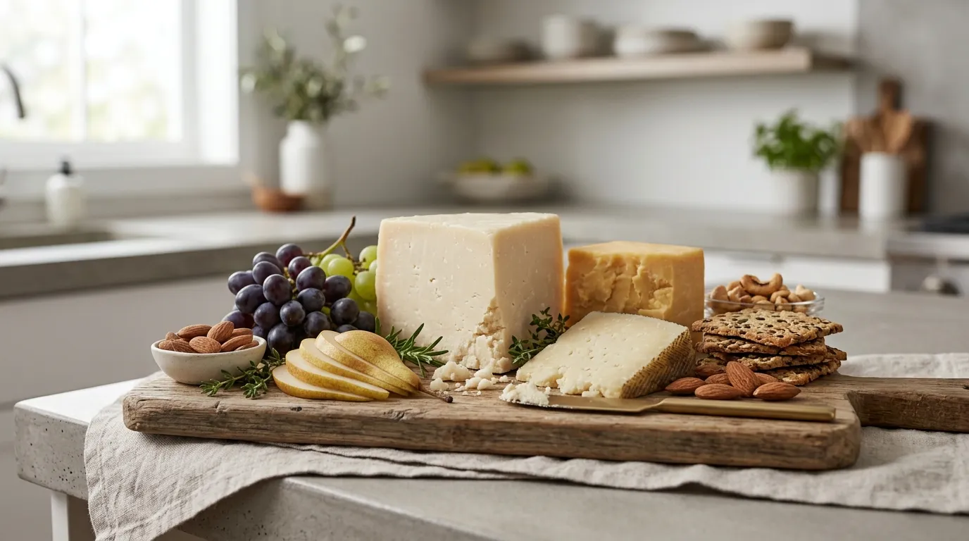 Plant-based cheese slices served with cashews and almonds on a wooden board.