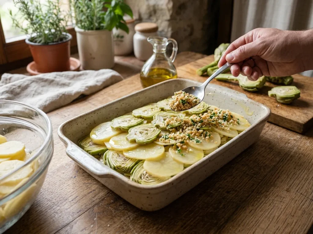Sliced potatoes and artichokes layered with seasoned breadcrumbs in a baking dish