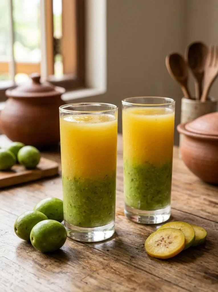 Finished layered June plum and Ceylon olive drink with golden ambarella juice and green veralu pulp.