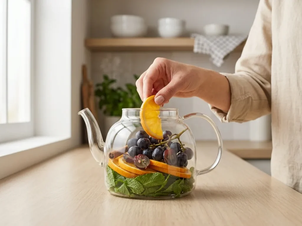Layering fresh orange slices, dark purple grapes, green mint, and a cinnamon stick inside a glass teapot for orange grape mint tea.
