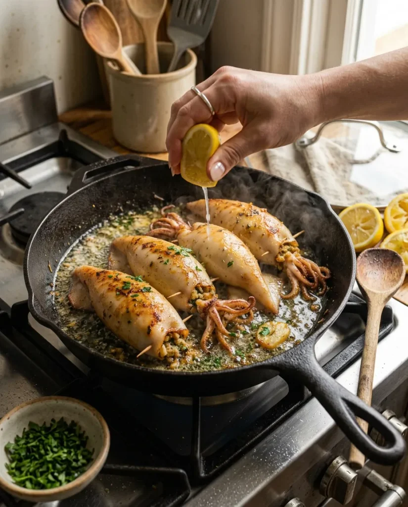 Adding fresh lemon juice to stuffed calamari in a skillet
