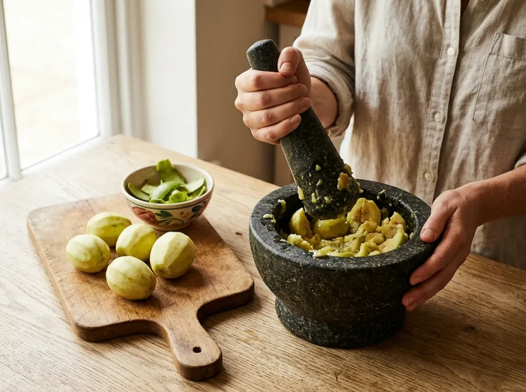 June plums lightly crushed with a stone pestle to prepare Sri Lankan ambarella chutney