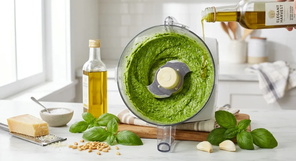 Fresh basil and pine nuts being blended for Barley Salad with Pesto