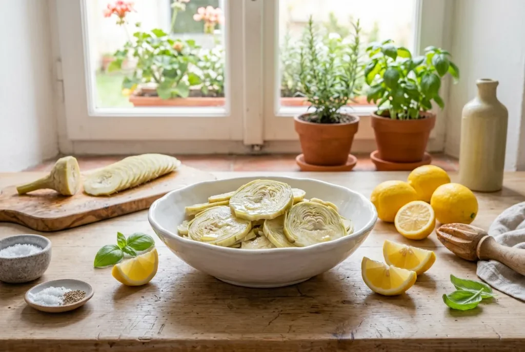 Thinly sliced artichokes marinating with fresh lemon juice