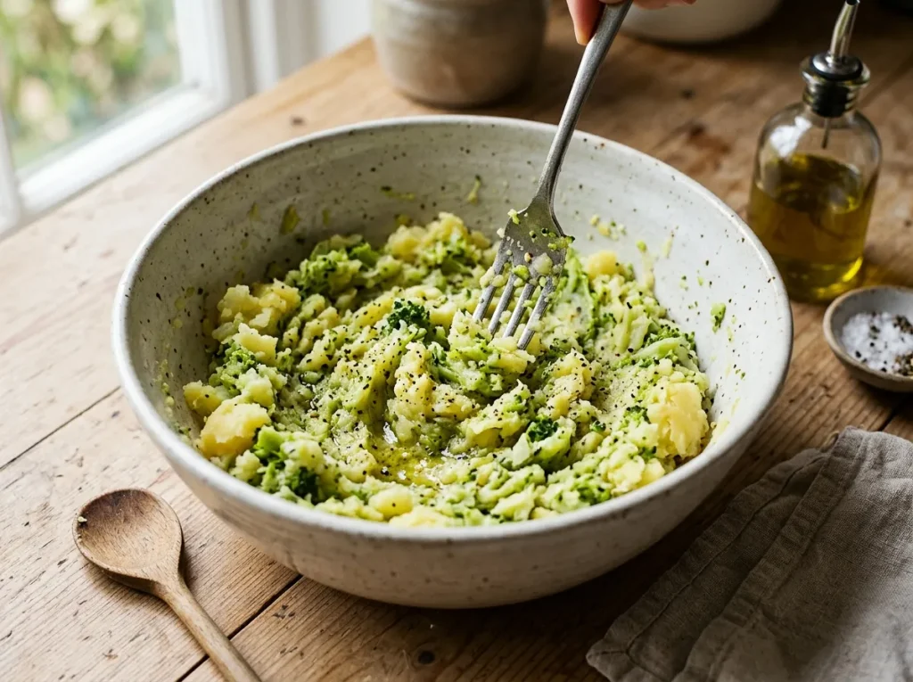 Cooked potatoes and broccoli mashed together in a bowl
