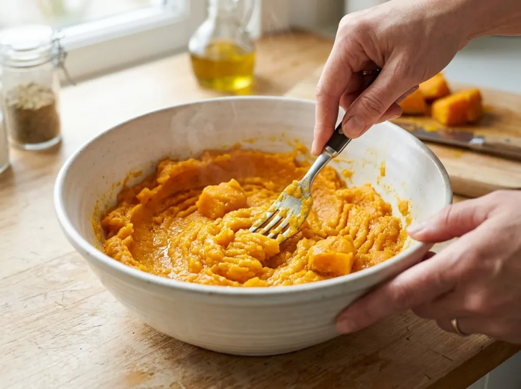 Cooked pumpkin mashed with a fork for pumpkin ricotta snowflakes