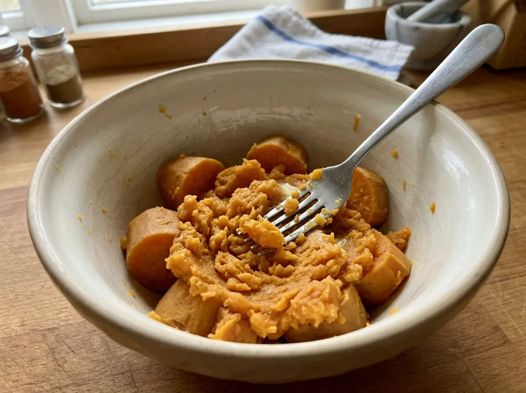 Mashing boiled sweet potatoes in a bowl