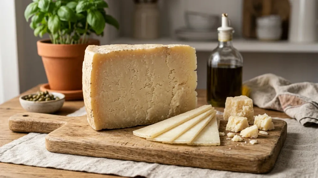 Mature Pecorino Romano cheese wedge with thin slices on a wooden board.
