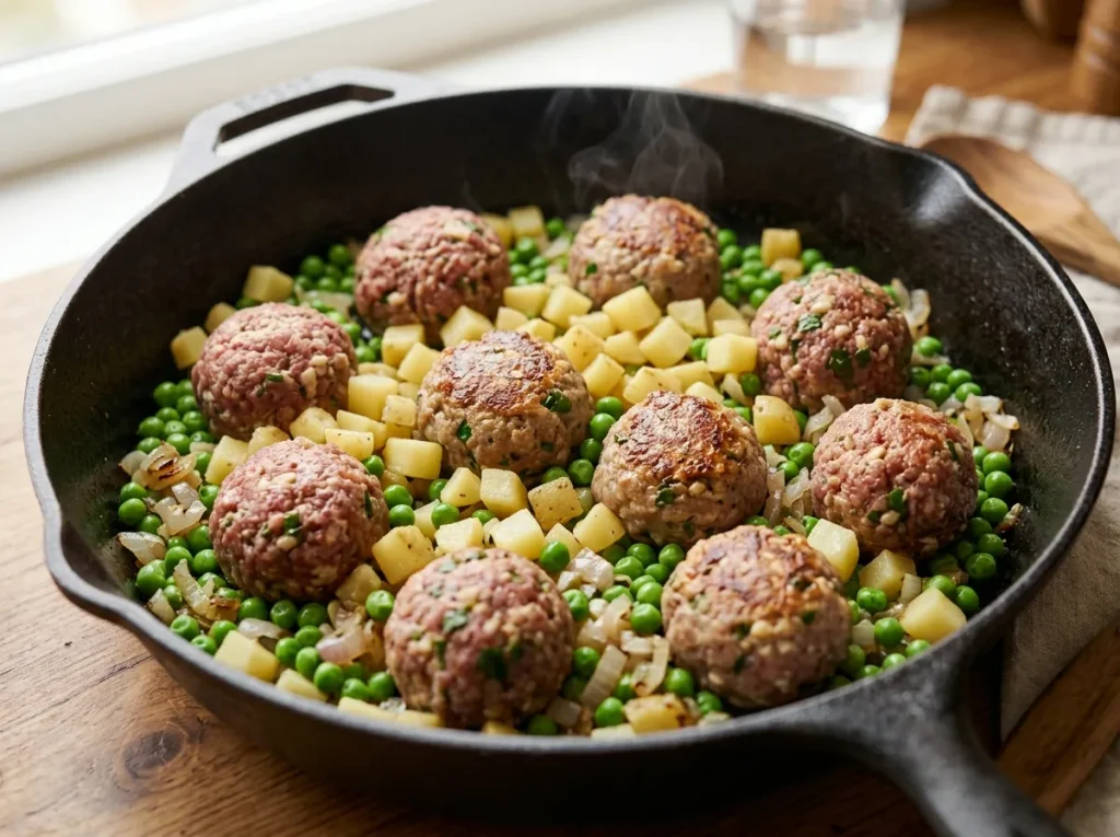 Meatballs with diced potatoes and green peas in a skillet