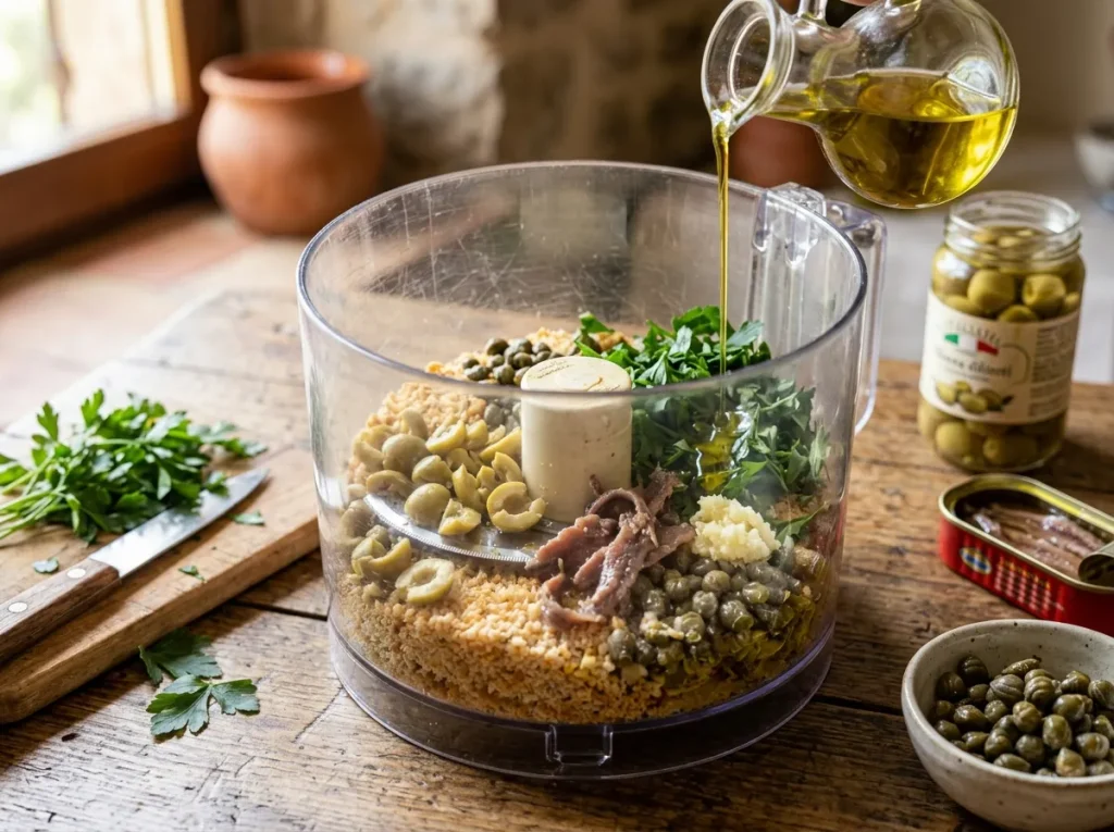 Breadcrumb filling with green olives, anchovies, capers, garlic, and parsley