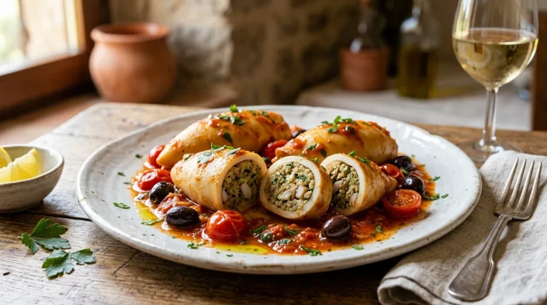 Mediterranean stuffed calamari with cherry tomatoes, black olives, and fresh parsley