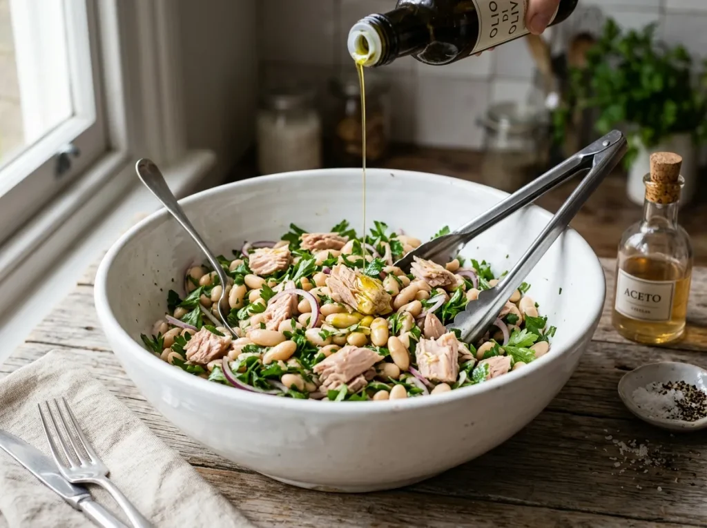 Mixing bean and tuna salad with olive oil and vinegar
